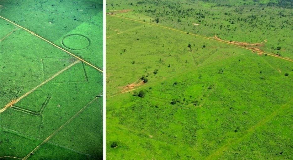 Figure 1: Aerial remote sensing is a useful method to monitor the degradation of archaeological sites, as well as other changes in the landscape. As an example are the images of the Fazenda Colorada site, photographed first in 2002 and again 9 years later, in 2011. The processes of earthwork decay and erosion are clearly visible.