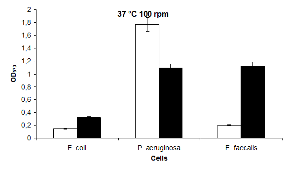Figure 5: Biofilm levels of P. aeruginosa, E. coli and E. faecalis, grown in LB medium under 100 rpm agitation conditions at 30°C normal (○) and 100 mM KCl (●), respectively. Each value is the average of at least three independent experiments.