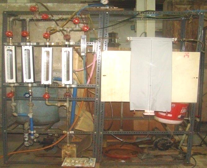 Figure 2: The setup comprises of fluid handling devices (pump, flow meters, storage tanks), test section (TS) and T - junction. Distilled deionised water was pumped into the test loop by a water pump from an open tank. Both the liquid and gas streams flowed separately through a bank of rota meters before entering the gas–liquid mixer. The two-phase gas–liquid mixture then enters the test section.