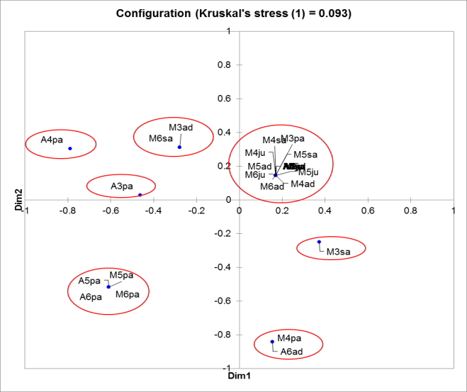 Figure 10: Map of the MTC for 32 subpopulations of MRC based on binary data type using multidimensional scaling methods. The mapping of MTC 32 subpopulations of MRC based on ordinal data type: The result of spreading analysis of test trait for the ordinal data type obtained three trait class MRC that was first class consists of 80 traits, trait class two consist of 18 trait and third trait class consist of six traits. The existence of this trait class indicates that the distribution of subpopulations in the trait class was quite distributed and varied, but was still dominated by the second trait class. The MTC based on the MT class of the ordinal data type indicates that 32 subpopulation subpopulations were in seven dots or ordinate positions spread over three quadrants (Figure 11). These results indicated that the 32 subpopulations studied had quite different positions and distances between subpopulations with each other even though these subpopulations were from the same location, time and stages of life. Subpopulation traits of postadult on Ambon Island in 2013, subpopulation postadult on Ambon Island in 2014, subpopulation of adult on MTB Island in 2013 and subpopulation of sub adult of MTB Island in 2016 had a high similarity because its position was close and was in one quadrant, while subpopulation postadult on MTB Island in 2014 and subpopulation of adult on Ambon Island in 2016 had MT which was somewhat different from 30 other subpopulations because of its long-distance position and had somewhat different dimension, yet still one quadrant with subpopulation of subadult on MTB Island in 2013.