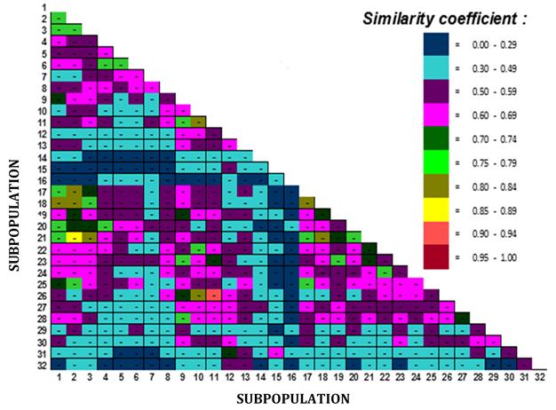 Figure 5: The PEM of 32 subpopulations of MRC based on ordinal data type using the Jaccard coefficient approach.
