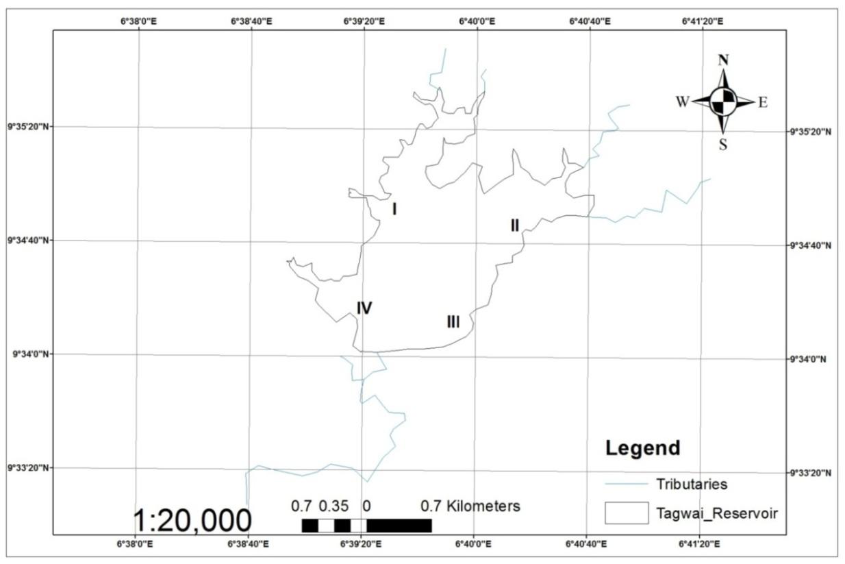 Figure 1: Map of Tagwai Reservoir, Minna, Niger State, showing the sampling stations.