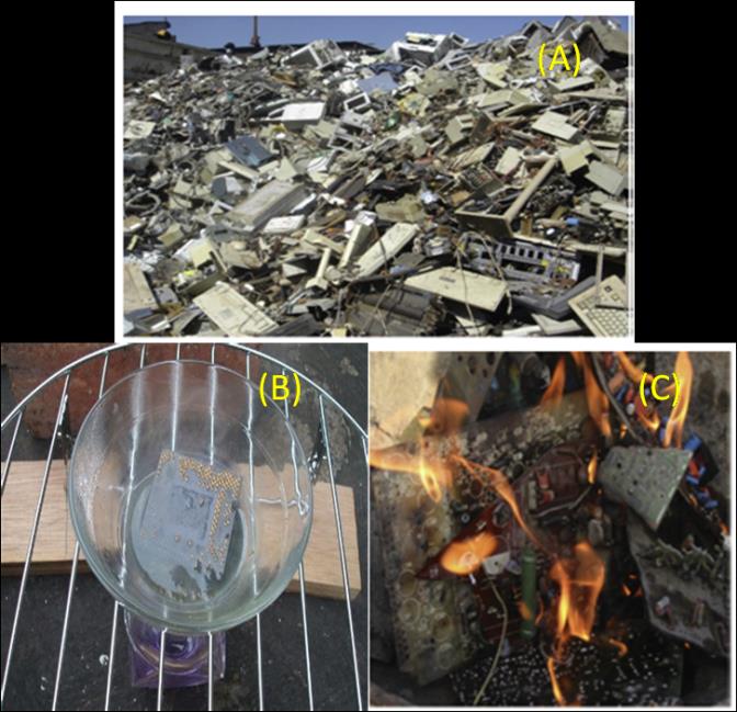 Figure 1: (a) E-Waste collection (b) Recovery of gold from waste PCB's using acid baths (c) Open burning of PCB waste.