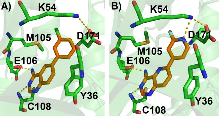 Figure 6: A) 9 complexed with MAP4K4 (PDB ID: 4OPO) and B) 11 complexed with the same enzyme (PDB ID: 4OBP). Hydrogens where omitted for clarity. Dashed yellow lines represent hydrogen bonds. Figure generated with PyMol.