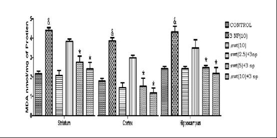 Figure 11: Effect of treatment with swertiamarin on lipid peroxidation in striatum, cerebral cortex and Hippocampus of rat brain (mean ± S.E.M. of 6 observations) in the different groups of rats. Effect of swertiamarin on reduced glutathione: