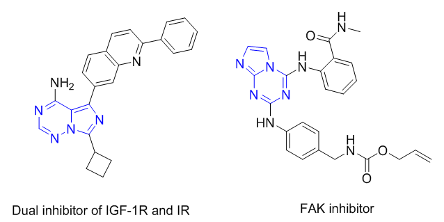 Figure 8: Triazine containing drugs as selective COX-2 inhibitor, adenosine A2A antagonist and Fused nitrogen rich heterocycles are of special interest among medicinal chemists. Some imidazo-1,3,5-triazine derivatives were explored to have focal adhesion kinase (FAK) inhibition potential with antiangiogenic and anticancer activity (Figure 9). The best inhibitor in this series had IC50 value of 50 nM against FAK enzymatic activity [13].