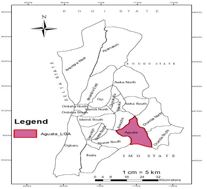 Figure 1: Map of Anambra State showing Aguata Local Government Area.