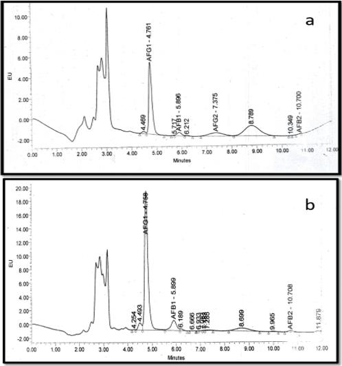 Figure 2: HPLC chromatograms of aflatoxins in (a) Formula 1, (b) Formula 2.