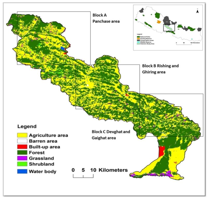Figure 1: Map showing the intensive study area which links two biodiversity significant areas- CNP and ACA (Source: ICIMOD/DNPWC 2018).