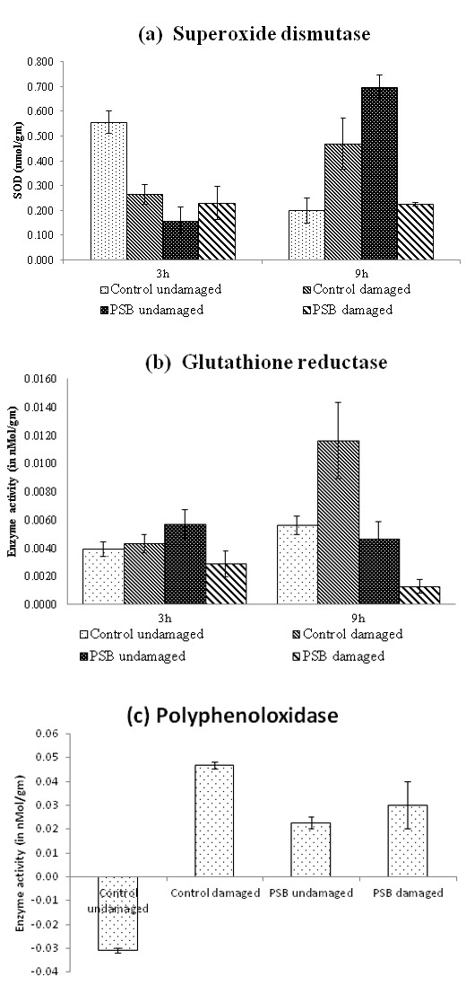 Figure 1: Antioxidants profile comparison in control and PSB supplemented plant with and without insect damage; (a) Profile for Superoxide dismutase at 3 & 9h; (b) Profile for Glutathione reductase at 3 & 9h; (c) Profile for Polyphenoloxidase at 48h.