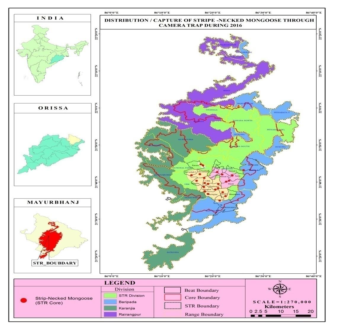 Figure 1: Study area & Capture location of Stripe-necked Mongoose.