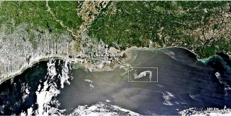 Figure 4: Example of detection the oil slick shown by the white rectangle (MODIS, deep water horizon, www.nasa.gov) noted: many clouds in the image.