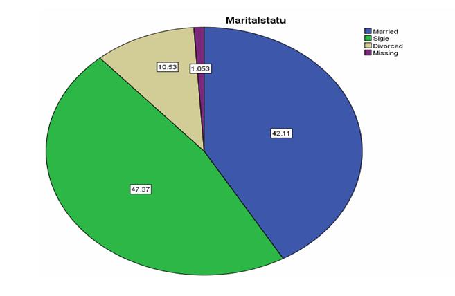 Figure 2: Displays Marital status of the respondents, March to April, 2018, Pharmaceutical Fund and Supply Agency, Addis Ababa, (n=96).