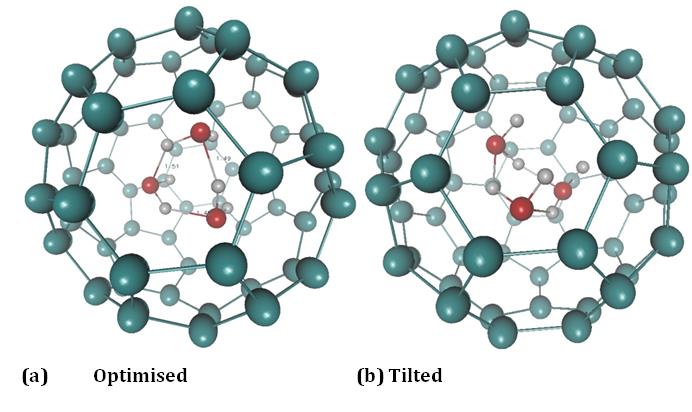 Figure 1: The structure at different views and orientations of three encapsulated water molecules inside the fullerene is shown in Figure 2. The view of the three encapsulated water molecules and the end to end distance between six member rings is as shown in Figures 3a & b. The _ab-initio_ calculation is optimized at 6-31G** level by RHF method and B3LYP5 level by DFT method. Total energy in a.u for the water trimer, bucky ball (C60) and enhdohedral fullerene encapsulating three water molecules are given in Table 1. It is noteworthy to identify that the trimer molecule of water orients inside C60 differently compared to free water trimer molecules [10]. The hydrogen bond length between the oxygen atoms of the water molecules in the trimer of the endohedral fullerene is found to be 1.5Å at 6-31G**level by RHF method optimized structure and 1.4Å at B3LYP5 level by DFT method is found, which is the indication of strong hydrogen bonds in encapsulation against the free water trimer molecules forming cyclic hydrogen bonds of 2.0Å at 6-31G** level by RHF method and 1.9 Å at B3LYP5 level by DFT method is found, which can be compared with reported values [11]. Also the water trimer in the encapsulated fullerene shows a strange behavior of forming orthometa stable state which was discussed for one water molecule in C60 [12]. This result is in line with our earlier works on hydrogen bonded dimers involving linear and circular hydrogen bonds [13-16]. This study shows the importance of high end computations as we reported [17] (Figures 4-6).