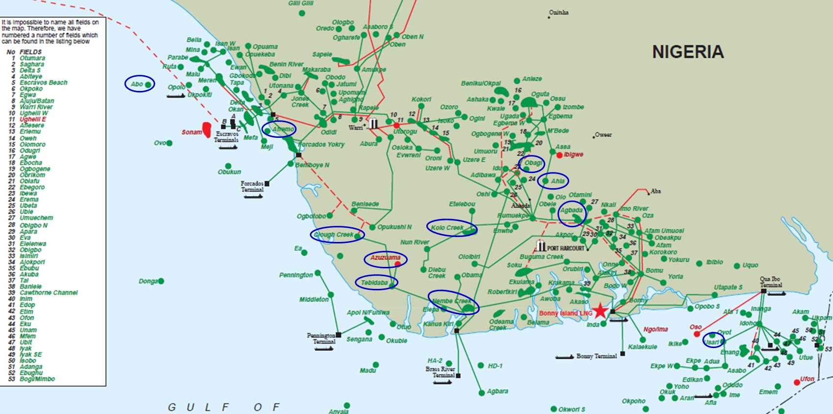 Figure 1: Map of Southern Nigeria showing some of the oil fields studied.