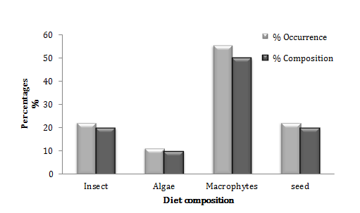 Figure 7: Composition and frequency of occurrence of stomach contents of Brycinus imberi in the Libga reservoir from Dec 2015 to April 2016.