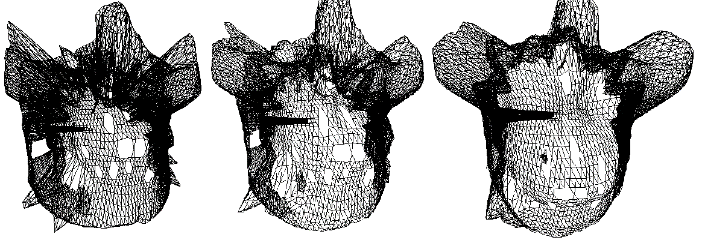 Figure 7: Resulted 3D object surface after noise elimination using an averaging filter. Different sizes of the averaging filter has been used: a- 3x3; b - 5x5; c- 7x7.