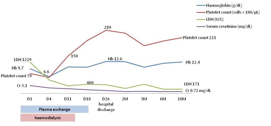 Figure 1: Biochemical parameters variations from day 1 (D1) to 10 month follow-up (10M).