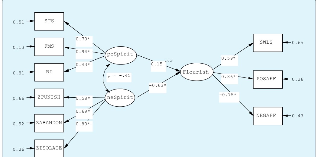 Figure 1: Structural Model of Positive and Negative Spirituality Predicting Psychological Flourishing.