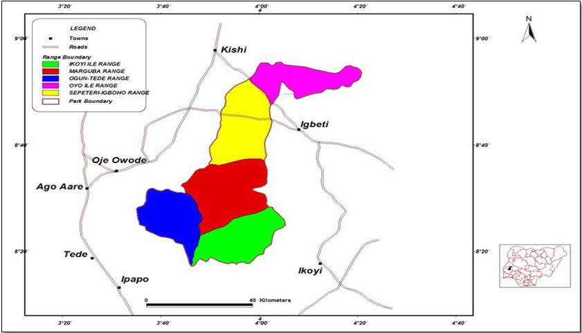 Figure 1: Map of Old Oyo National Park showing it ranges Ogunjinmi, et al. (2016) [23].