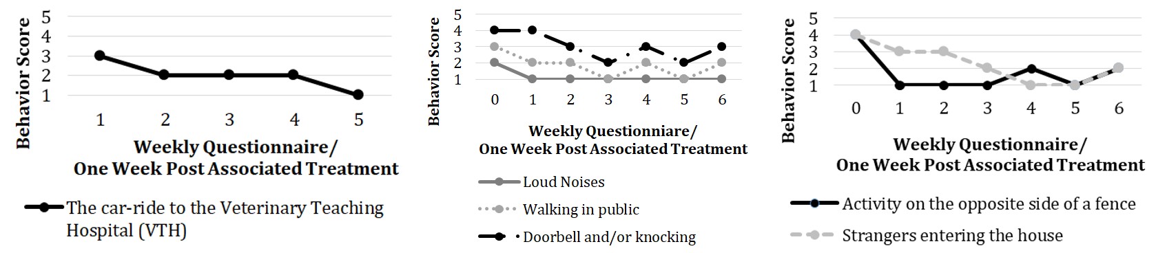 Figure 4: Dog Q’s reactivity as reported by the owner via weekly questionnaires, with 1 being not reactive and 5 being very reactive.