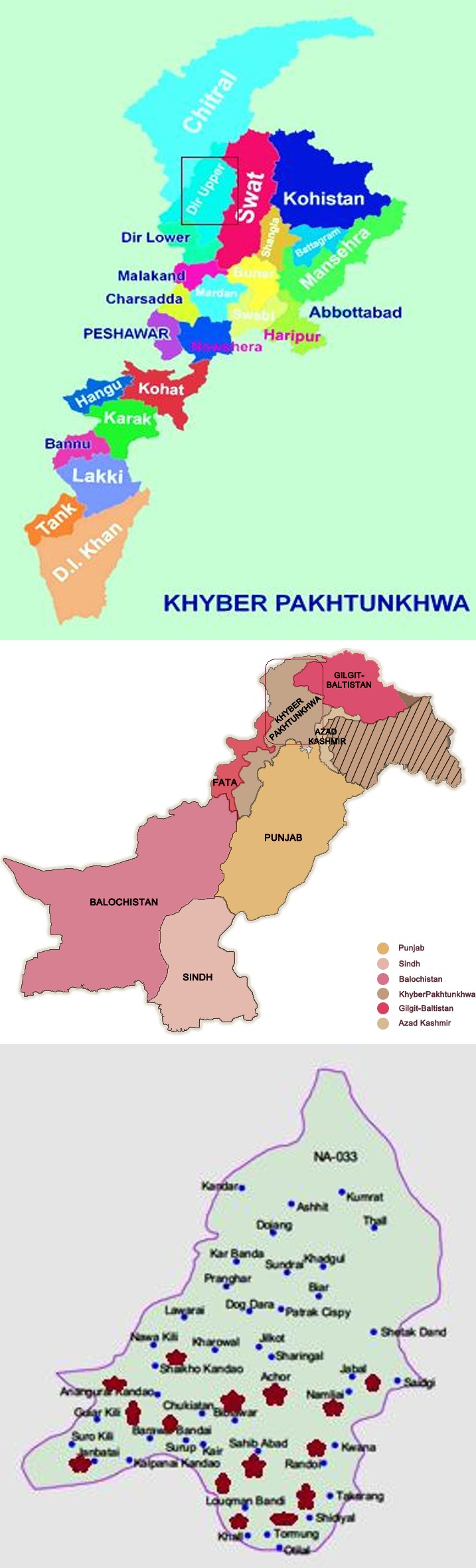 Figure 1: Map of the study area from where the blood samples were collected for the current research during January-May 2015; a: map of Pakistan [13];b: map of Khyber Pakhtunkhwa [14]; c: map of Dir Upper [15]; red stars show quadrates of study area
