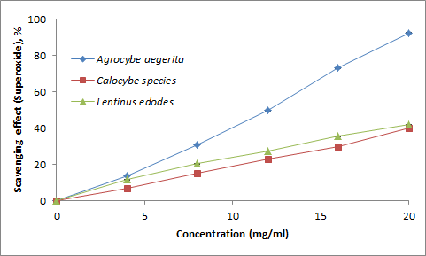 Figure 5: Superoxide scavenging of the methanolic extracts of edible mushrooms.