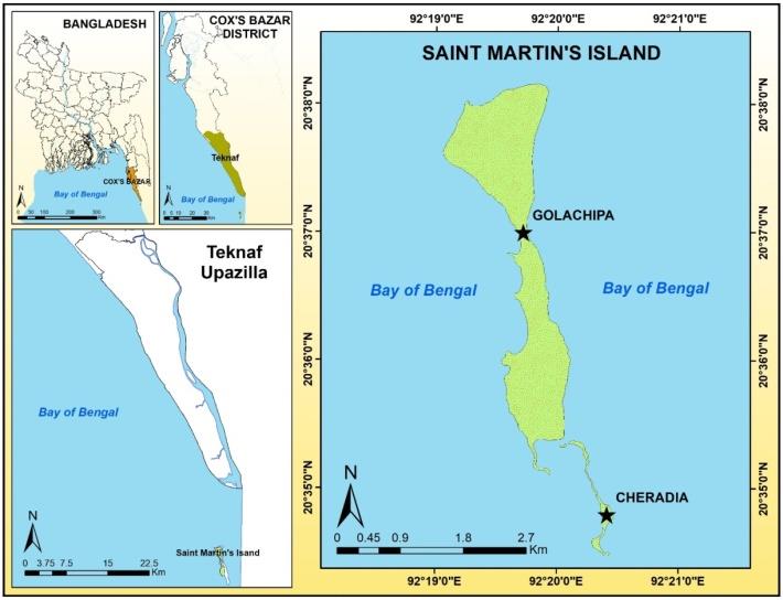 Figure 1: Map of Saint Martin’s Island located tip of the Bay of Bengal, Bangladesh.