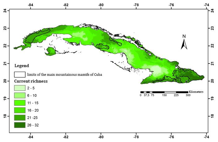 Figure 4: Richness of areas of current climatic suitability for the 46 species of lizards (Squamata: Sauria) endemic to Cuba analyzed.