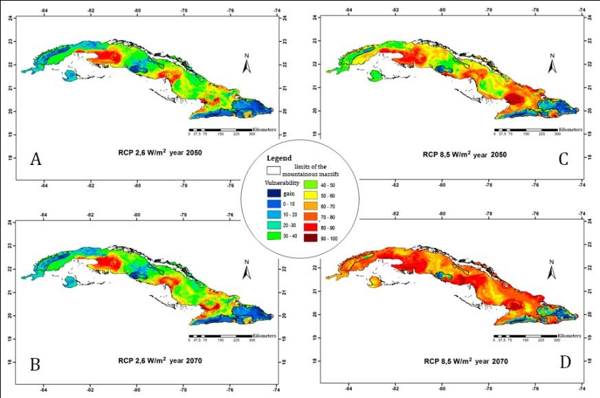 Figure 7: Potential exposure to the effect of climate change of the areas of climatic suitability (ACS) of the Cuban archipelago lizards (Squamata: Sauria) (represented in this study by 46 species). Projections: A. 2050 (RCP 2.6); B. 2070 (CPR 2.6); C. 2050 (CPR 8.5); D. 2070 (CPR 8.5).