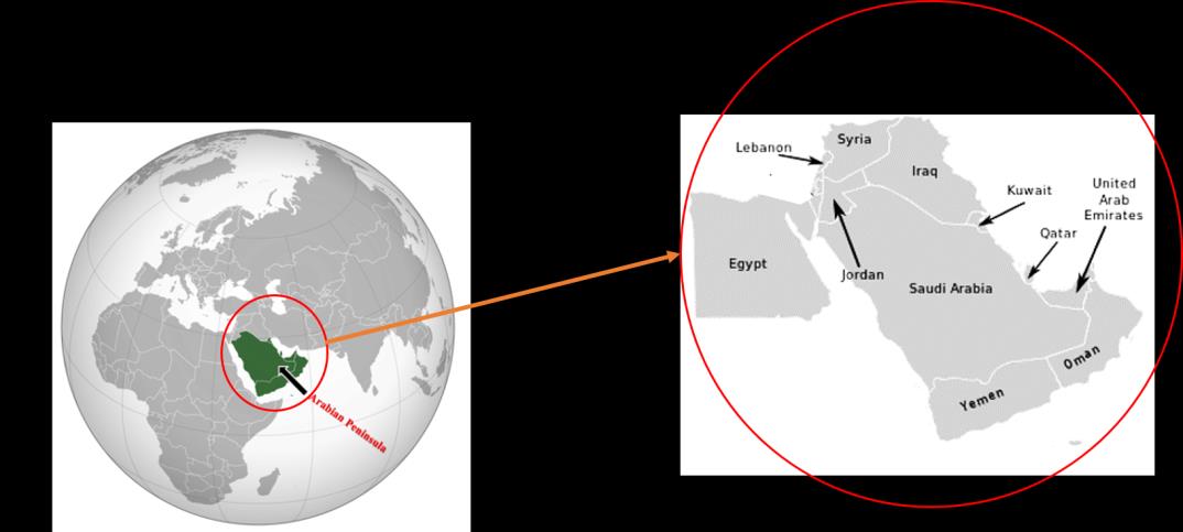 Figure 1: (A) The World map and (B) the Arabian Peninsula countries alongside neighbouring countries.