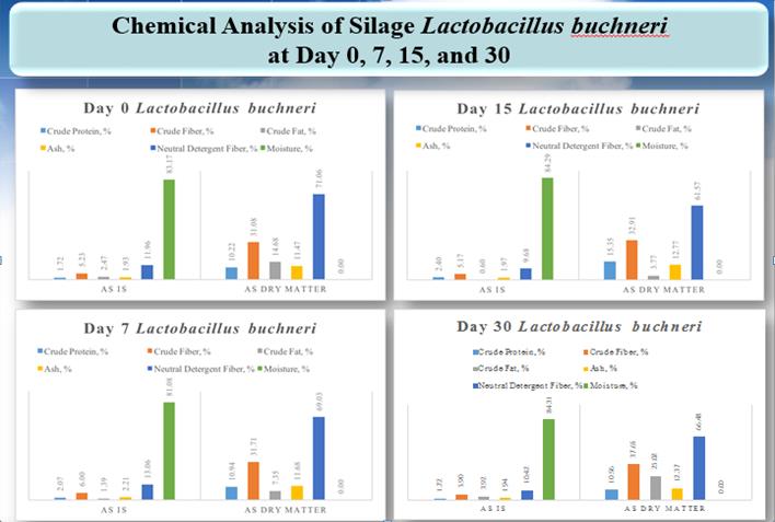 Figure 2: Graphical presentation of super Napier grass silage treated with L. buchneri from day 0 to day 30 of fermentation.