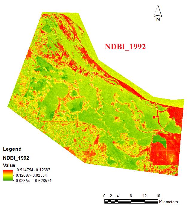 Figure 8: Change detection of water and arid area from 1992 to 2019.