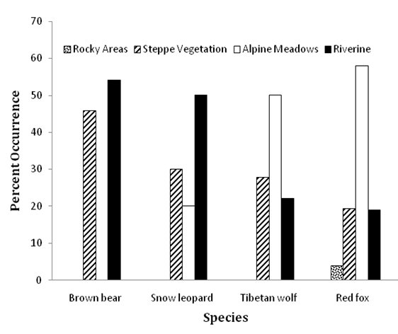 Figure 2: Percent occurrence of carnivore species in different habitat types in the Wakha Valley, Kargil.
