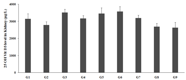 Figure 1: 25- OH vitamin D3 was measured in kidney, while its deficiency is defined as less than 20 ng/mL in body. 25-OH Vitamin D3 level in the kidney of rats fed with vitamin D3 deficient diet (G2) was 2786.17 ± 193.73 µg/L, which was significantly decreased by 11.9% as compared to the normal control (G1, 3145.92 ± 296.94 µg/L). However, positive control (calcitriol) treatment (G3), showed significant increased level (3517.50 ± 193.81 µg/L) by 26.2% as compared to the G2. The experimental test group, the untreated test formulation to the untreated rats (G4) showed significant increased 25-OH vitamin D3 level (13165.92 ± 168.28 µg/L) by 10.8% as compared to G2 group. The Biofield Energy Treated test formulation given to the untreated animals (G5) showed significant increased the kidney 25-OH vitamin D3 level (3452.00 ± 343.9 µg/L) by 21% and 9% as compared to the G2 and G4 groups, respectively. Biofield Energy per se to the animals (G6) showed significant increased the level of 25-OH vitamin D3 level (3576.92 ± 292.25 µg/L) by 22.9% and 13% as compared to the G2 and G4 groups, respectively. 15-days pre-treatment of the Biofield Energy Treated test formulation (G7) significantly increased the kidney 25-OH vitamin D3 level (3192.08 ± 167.91 µg/L) by 11.5% and 1% as compared to the G2 and G4 groups, respectively. The overall data suggested that preventive measures taken in the experimental groups (-15 days) showed better response as compared with the normal/disease control group. Thus, it can be assumed that Biofield Energy Treatment per se would be the best alternative preventive approach towards any diseases/ disorders (Figure 1).