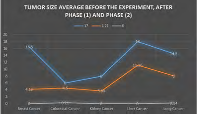 Figure 1: The blue line shows the tumor size before the experiment begins. The orange line shows the tumor size after Phase (1) of the treatment. The white line shows the shrinkage and improvement of the cancer patient’s tumors after 180 days.