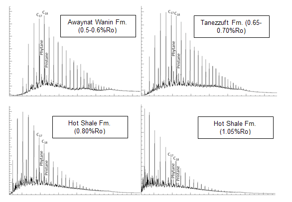 Figure 6: The n-alkanes of samples from this study range from about nC13 to at least nC40 with maxima between nC16–nC17, in the relative distribution of the C20+ hydrocarbons shown in The Awaynat Wanin Formation