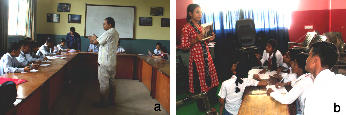 Figure 2: Illustration of typical setting for data collection: showing facilitation of respondents from Small Heaven School, Bharapur-05, Chitwan District for defining specific terms used in the questions by the authors (photo a) and displaying native snake photos (photo stimuli) to the respondents from St. Xevier Secondary School, Birgunj-11, Sripur, Parsa District by research assistant (photo b) while they were filling in the questionnaires.