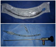 Figure 2: A cuffed endotracheal tube size 6.5 mm, before and after shortening by cutting the proximal part of tube to fit the 20cm length of a 5mm endoscope.