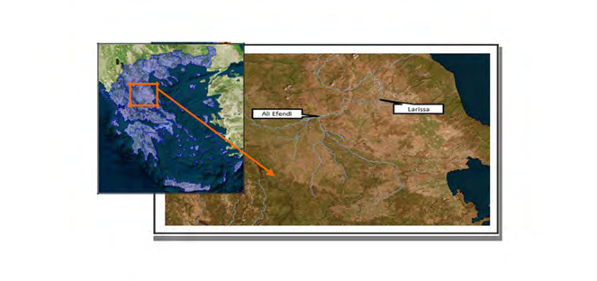 Figure 2: Study area: Pinios river basin (upstream Ali Efendi and Larissa hydrometric stations).