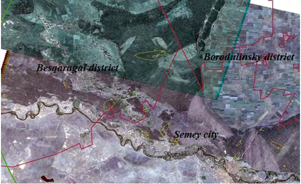 Figure 2: Space image 2000 The red line is the border of the region. Yellow lines — felling, black and green lineshauling network according to GPS measurements.