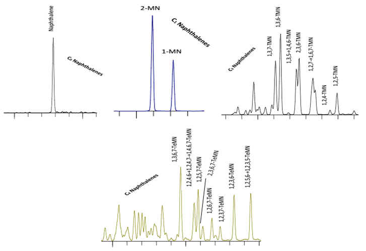Figure 2: Representative mass fragmentograms showing the distribution of C0 - C4 Naphthalenes in the crude oil (sample B) at m/z 128, 142, 156, 170 and 184.