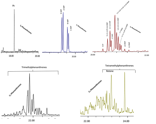 Figure 4: Representative mass fragmentograms showing the distribution of C0 - C4 Phenanthrenes in the crude oil (sample B) at m/z 178,192,206,220 and 234.