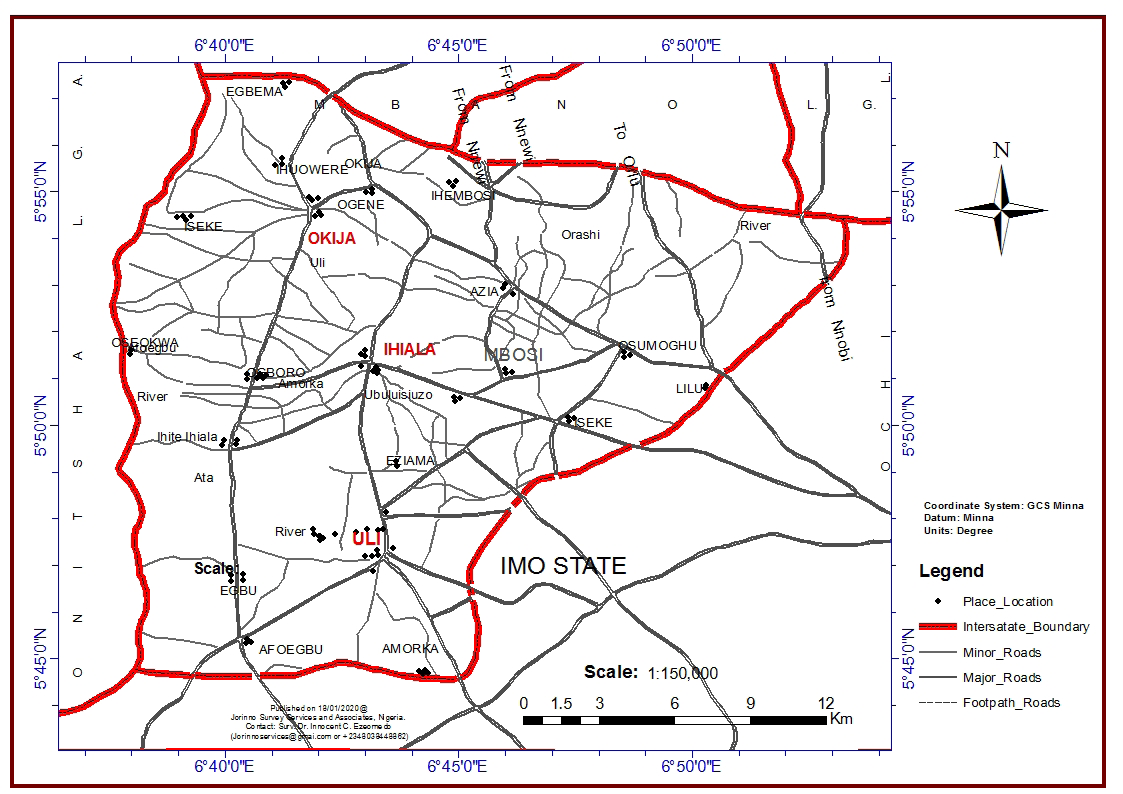 Figure 1: Map of Ihiala Local Government Area showing surrounding communities and the study location. Source: Department of Environment Management.
