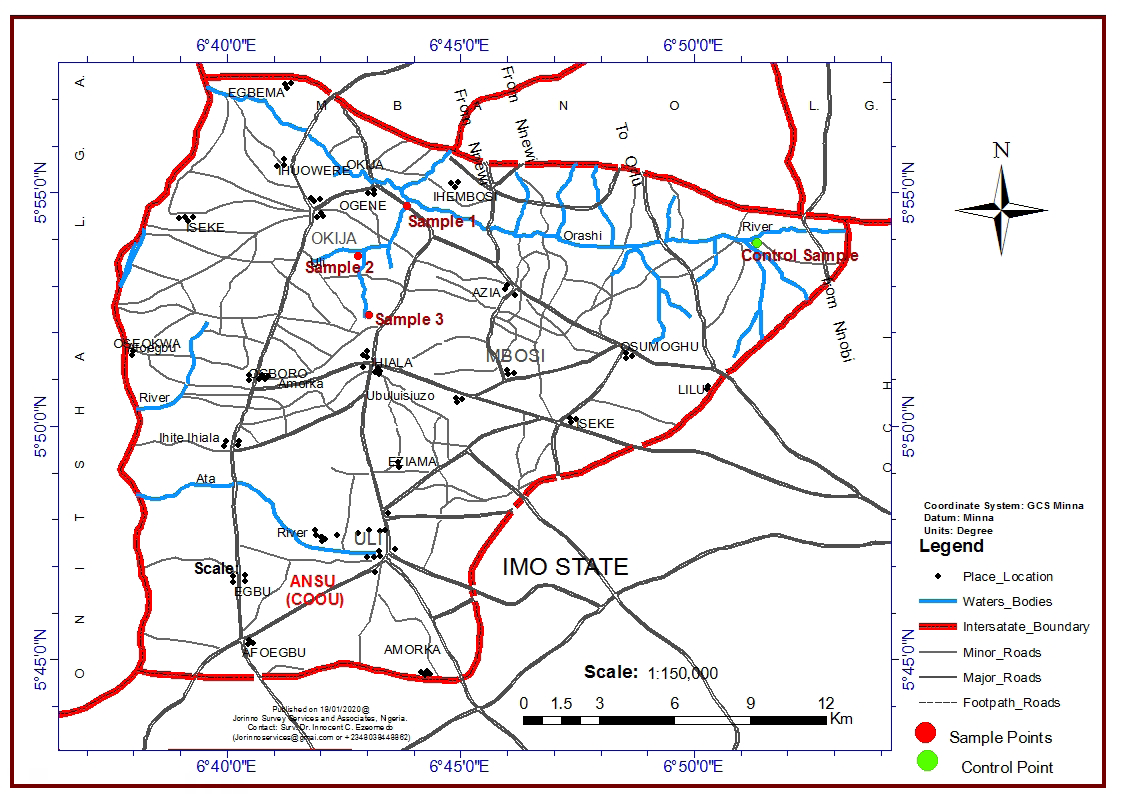 Figure 2: Map of Ihiala Local Government Area showing the study sample points along Urashi River. Source: Department of Environment Management.