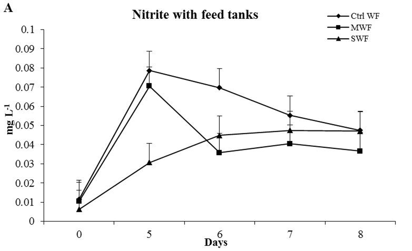 Figure 6: Comparative variations of phosphate in control and probiotic treated waters in laboratory prawn culture tanks. (A) Control tank with feed (Ctrl WF); tank water treated with _B. megaterium_ and with feed (MWF);tank water treated with _B._ _subtilis_ and with feed (SWF). (B) Control tank without feed (Ctrl WOF); tank water treated with _B. megaterium_ and without feed (MWOF); tank water treated with _B. subtilis_ and without feed (SWOF).