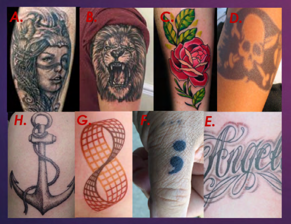 Figure 3: ANSI/NIST tattoo categories. These class categories are often broken down into subclasses. A. HUMAN; B. ANIMAL; C. PLANT; D. FLAG; E. OTHER; F. SYMBOL; G. ABSTRACT, H. OBJECT.