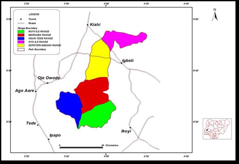 Figure 1: Map of Old Oyo National Park showing it ranges Ogunjinmi [10].