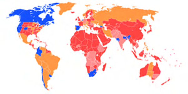 Figure 1: Legality of cannabis around the world, blue is legal, pink is illegal but not enforced.
