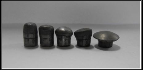 Figure 4: Showing extent of deformation in .32-inch calibre lead bullets on passage through iron sheets of gauges 30,28,26,24,22 respectively(from left to right).